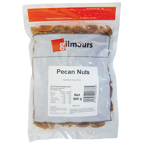 Gilmours Whole Pecan Nuts 500g bag showcasing rich, buttery pecans, perfect for snacking, baking, and nutritious recipes.