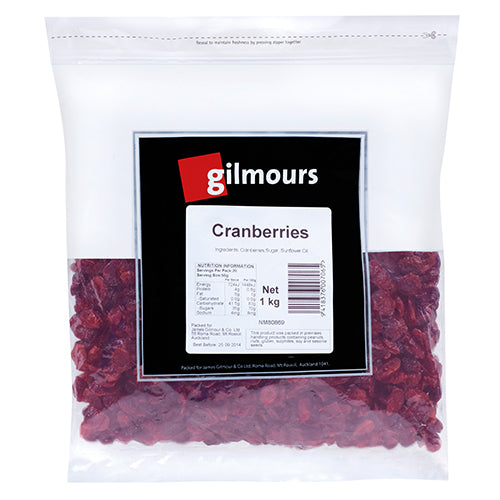 Gilmours Dried Cranberries 1kg, rich in flavor, antioxidants, perfect for snacking, baking, or adding to salads.