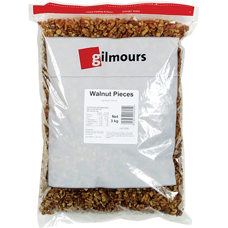 A bulk pack of Gilmours 3kg walnut pieces, perfect for snacking, baking, and adding crunch to salads.