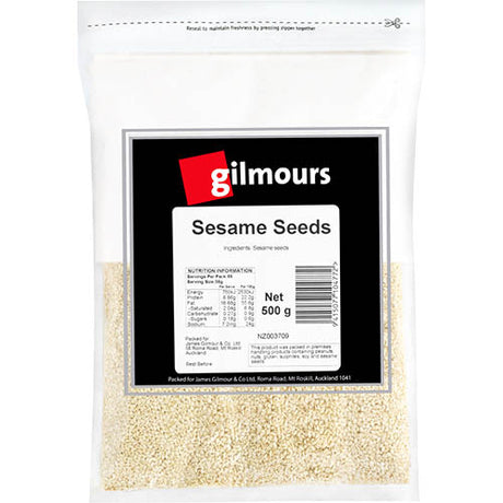 Gilmours 500g Sesame Seeds in a resealable bag, perfect for adding nutty flavor and crunch to any dish.