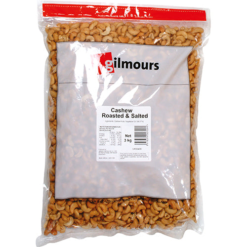 Gilmours 3kg bag of roasted and salted cashew nuts, perfect for snacking with rich flavor and crunchy texture.