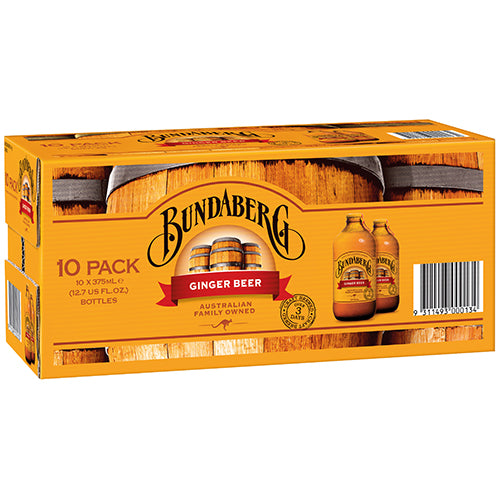 Value pack of 10 x 375ml Bundaberg Ginger Beer bottles, offering zesty flavors for refreshing enjoyment at home or gatherings.