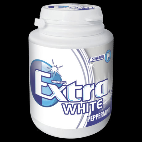 Wrigley's Extra Professional White Peppermint Gum in six 64g bottles, promoting fresh breath and oral health benefits.