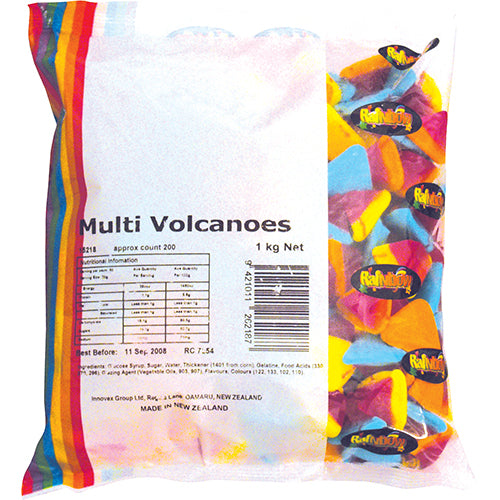 Colorful 1kg pack of Rainbow Multi Volcanoes, fruity treats perfect for parties, baking, and sweet decorations.