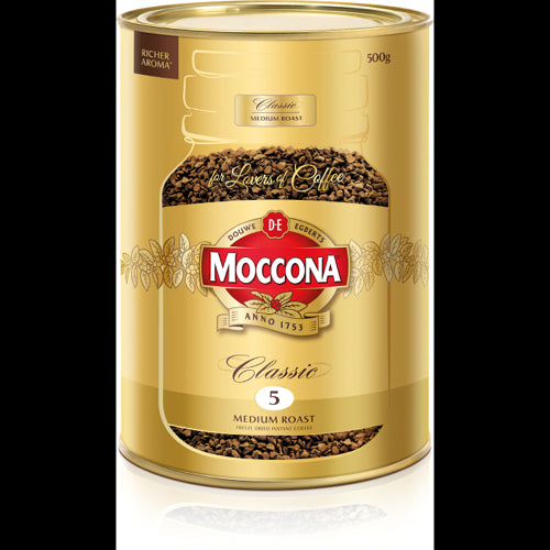 Moccona Classic Medium Roast Freeze Dried Instant Coffee 500g jar for rich flavor and quick, convenient coffee enjoyment.