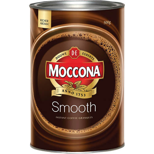 Moccona Smooth Instant Coffee Granules 500g jar, featuring rich aroma and smooth taste for convenient coffee enjoyment.