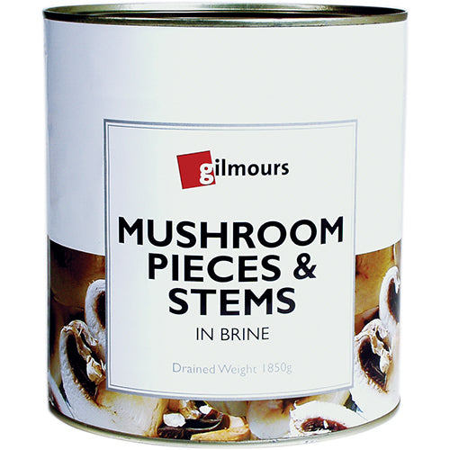 Gilmours Mushrooms Pieces & Stems in brine, 2.84kg, perfect for adding umami flavor to dishes like pasta and stir-fries.