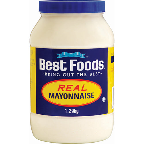 Creamy Best Foods Real Mayonnaise 1.29kg tub, perfect for sandwiches, salads, and dips with rich flavor and gluten-free ingredients.