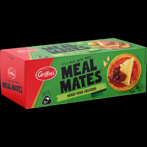 Griffin's Meal Mates Mixed Vegie Crackers: oven-baked, light, and crunchy with a blend of nutritious vegetables and seeds.