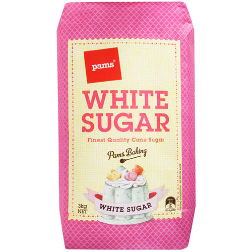 3kg bag of Pams White Sugar, high-quality cane sugar perfect for baking, cooking, and sweetening beverages.