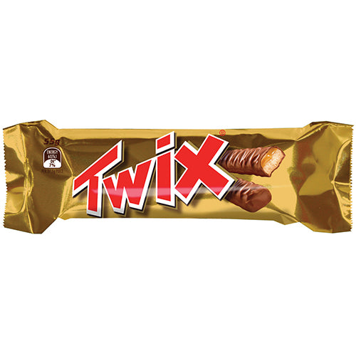 Twix Chocolate Bar value pack with 20 individual 50g bars of milk chocolate, caramel, and crispy biscuit for delightful snacking.