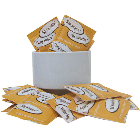 Gilmours Sugar Sachets in a bulk box of 2000 individual 3g packets for easy sweetness in drinks and desserts.