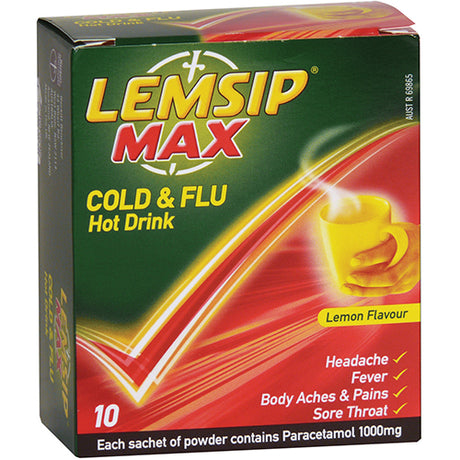 Lemsip Max Lemon sachets for cold and flu relief, soothing lemon flavor, quick relief from headaches, fevers, and sore throats.