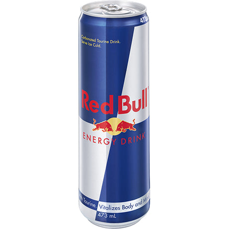 Red Bull Energy Drink pack of 12 cans, each 473ml, revitalizing energy with caffeine, taurine, and B vitamins.