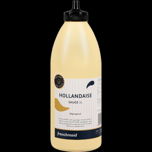 French Maid Hollandaise Sauce in a 1-liter bottle, perfect for enhancing dishes with rich, buttery flavor and creamy texture.