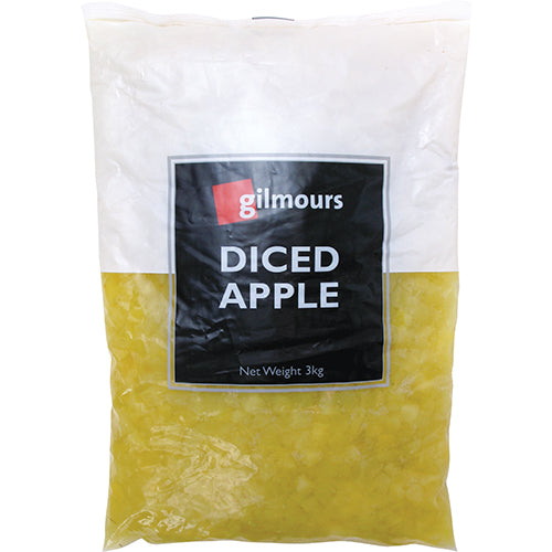 Gilmours Diced Apples 3kg bag, featuring fresh, sweet diced apples for baking, cooking, or snacking. Ideal for versatile recipes.