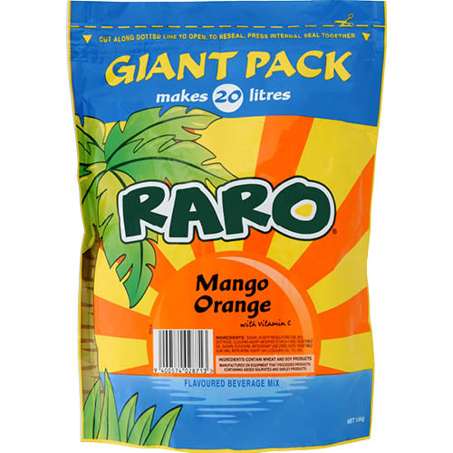 Raro Orange/Mango 1.6kg beverage mix, perfect for hydration with citrusy tropical flavors and essential vitamins.