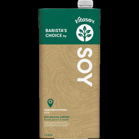 Vitasoy Barista's Soy Milk 1L carton, rich and creamy, perfect for frothy coffee beverages and plant-based diets.