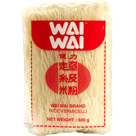 Wai Wai Rice Vermicelli 500g, gluten-free thin noodles ideal for stir-fries, soups, and salads; quick-cooking and versatile.