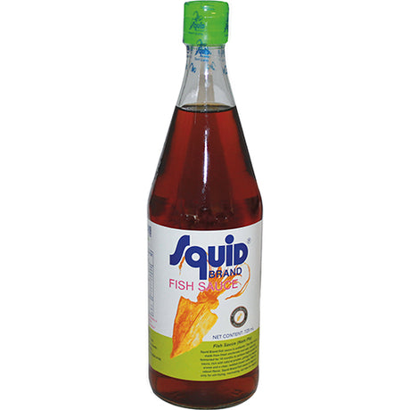 Premium 725ml Squid Fish Sauce, rich in umami, ideal for enhancing stir-fries, marinades, and soups. Gluten-free and non-GMO.