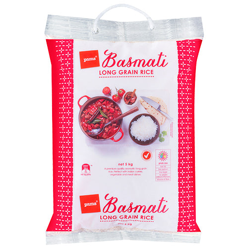 A 5kg bag of Pams Basmati Rice featuring long, aromatic grains, ideal for curries and biryanis, ensuring delightful meals.