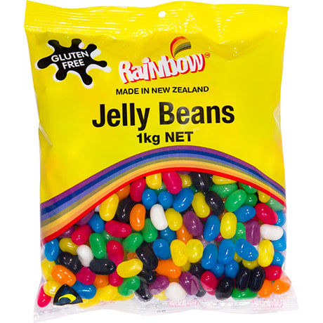 Vibrant 1kg pack of Rainbow Jelly Beans, featuring fruity flavors, gluten-free, vegetarian-friendly, perfect for parties and snacking.