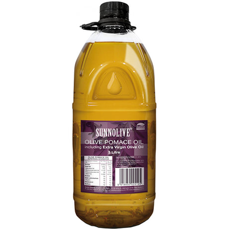 A 3-liter bottle of Sunnz Pomace Cooking Oil, ideal for frying, sautéing, and baking, rich in monounsaturated fats.