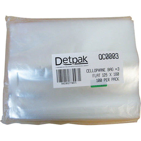 Detpak Clear Bag Flat No.3 100pk, versatile transparent bags for food, gifts, and merchandise, eco-friendly packaging solution.