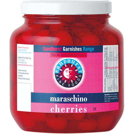 Vibrant Sandhurst Italian Maraschino Cherries in 1.9kg jar, perfect for cocktails and desserts.