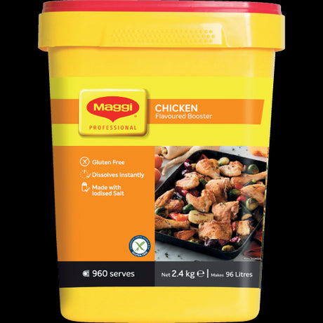 Maggi Gluten Free Chicken Booster 2.4kg for enhancing flavors in soups, sauces, and marinades with rich umami taste.