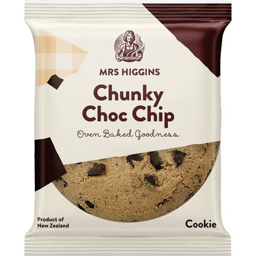 Mrs Higgins Chunky Choc Chip Cookies, soft and chewy with rich chocolate chips, perfect for snacks or desserts.