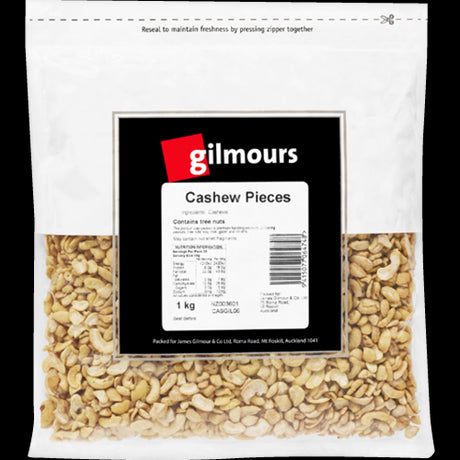 Gilmours 1kg bag of cashew nut pieces, offering a healthy snack rich in protein and essential nutrients.