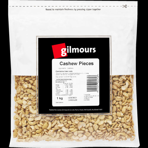 Gilmours 1kg bag of cashew nut pieces, offering a healthy snack rich in protein and essential nutrients.