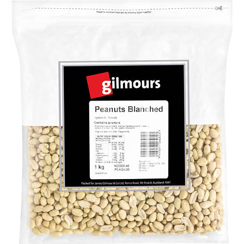 Gilmours Blanched Peanuts 1kg bag, ideal for snacking, cooking, and baking, packed with protein and essential nutrients.