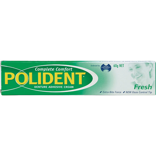 Polident Fresh Denture Adhesive Cream 60g offers all-day secure hold for dentures, ensuring confidence and comfort without zinc.