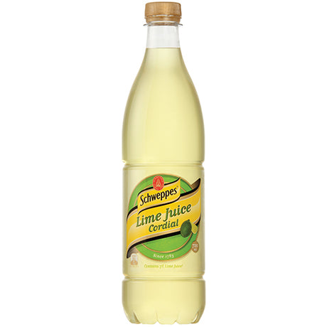 Schweppes Lime Juice Cordial 720ml bottle, perfect for adding zesty lime flavor to drinks and cocktails.