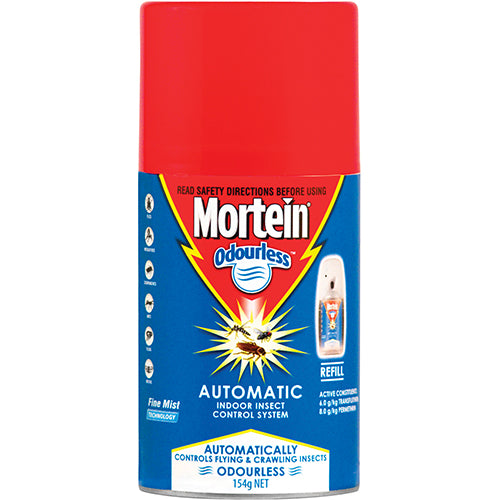 Mortein Odourless Multi Insect Spray 154g provides automatic, continuous protection from pests indoors and outdoors.