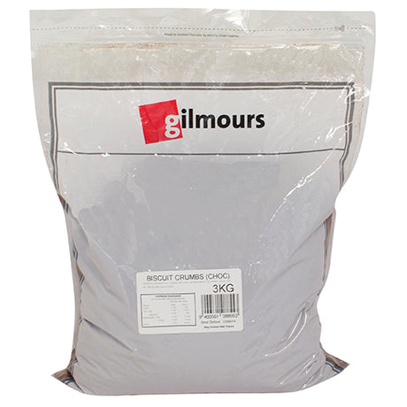 Gilmours 3kg Chocolate Biscuit Crumbs, ideal for desserts, featuring rich flavor and crisp texture for baking excellence.