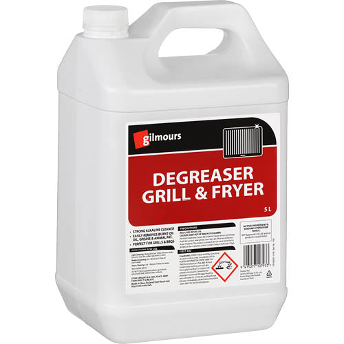 Gilmours Grill Degreaser 5L, a powerful eco-friendly cleaner for removing tough grease and grime from grills and kitchens.