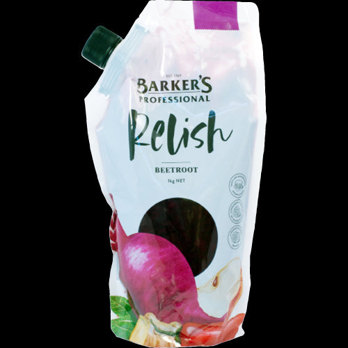 Barker's Beetroot Chutney 1kg, a vibrant, sweet-tangy condiment perfect for enhancing cheeses, meats, and gourmet dishes.