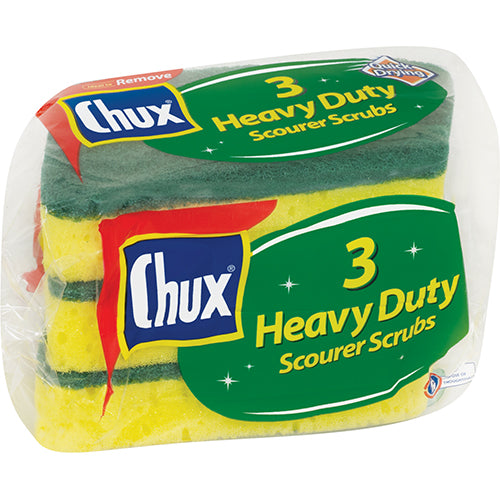 Chux Heavy Duty Scourer Scrub 3pk, featuring robust scrubber and soft sponge for effective cleaning of tough stains.