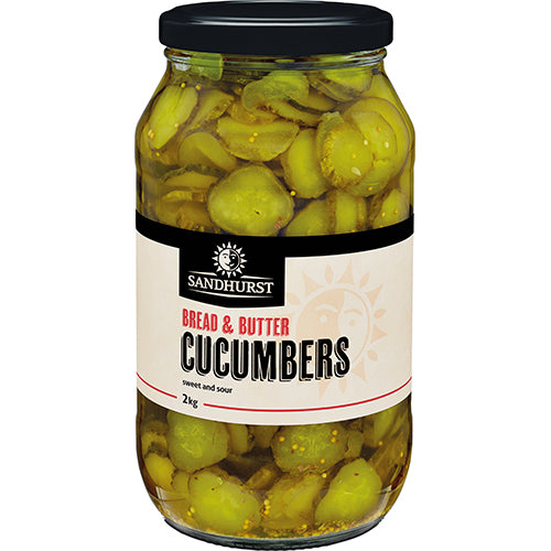 Sandhurst Bread & Butter Gherkins 2kg, crunchy sweet-tangy pickles for enhancing appetizers, burgers, and charcuterie boards.