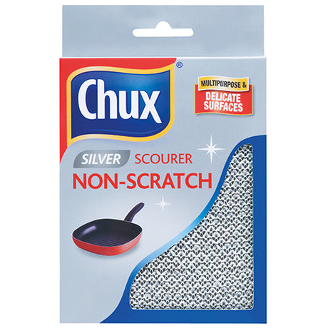 Chux Non-Scratch Silver Scourer designed for delicate surfaces; safely cleans non-stick cookware and bakeware.