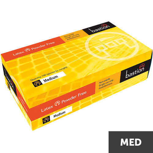 Bastion Powder Free Latex Medium Gloves in a 100-pack, offering comfort, durability, and hygiene for diverse applications.