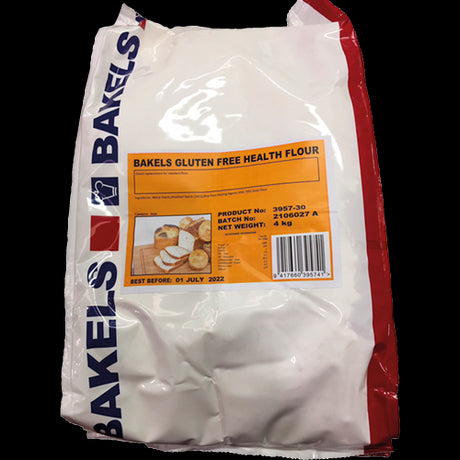 Bakels Gluten Free Flour 4kg, a versatile blend for baking bread, cakes, and cookies, perfect for gluten-sensitive diets.