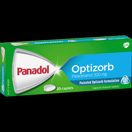 Panadol Optizorb 500mg caplets in a 20-pack for fast pain relief, gentle on the stomach with advanced absorption technology.