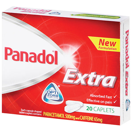 Panadol Extra 20-pack caplets with 500mg paracetamol and 65mg caffeine for effective pain relief and fast absorption.