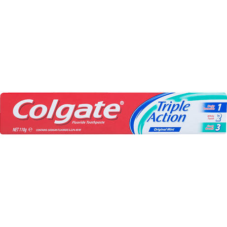 Colgate Triple Action Original Mint Toothpaste 110g tube features vegan, sugar-free formula for cavity protection and fresh breath.