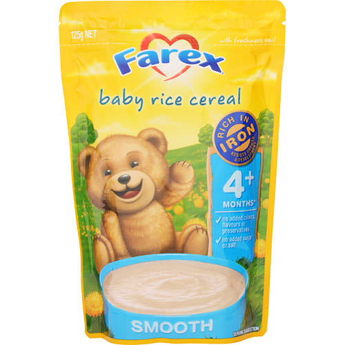 Farex Baby Rice Cereal Smooth 4+ Months 125g, a nutritious first food for babies, iron-rich, and free from additives.