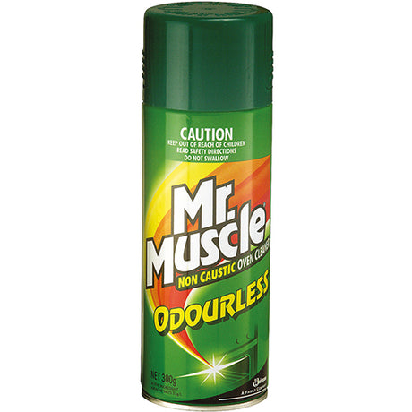 Mr Muscle Odourless Oven Cleaner 300g, an effective non-caustic cleaner for baked-on grease, safe for homes with children.